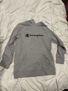 Champion Heather Gray Hoodie with Navy Script and Red Accent